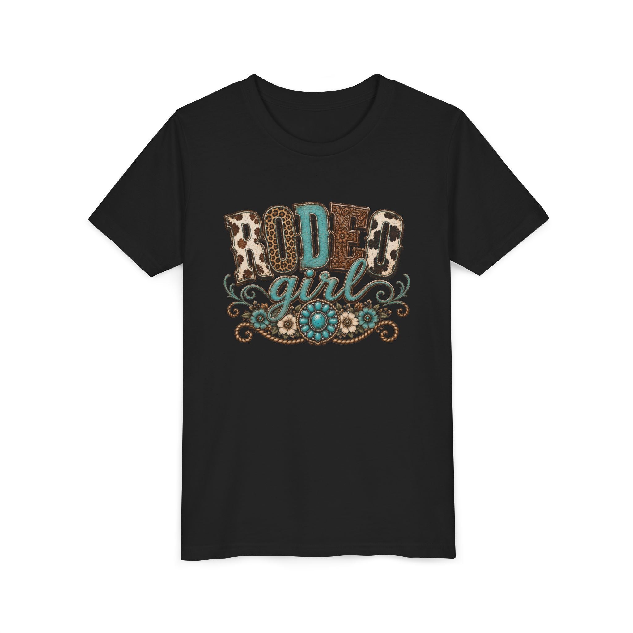 Rodeo Girl Youth Tee — Leopard Print Western Cowgirl Shirt
