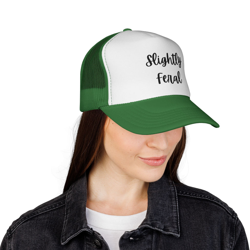 Slightly Feral Trucker Hat – Casual Mesh Cap with Script Text