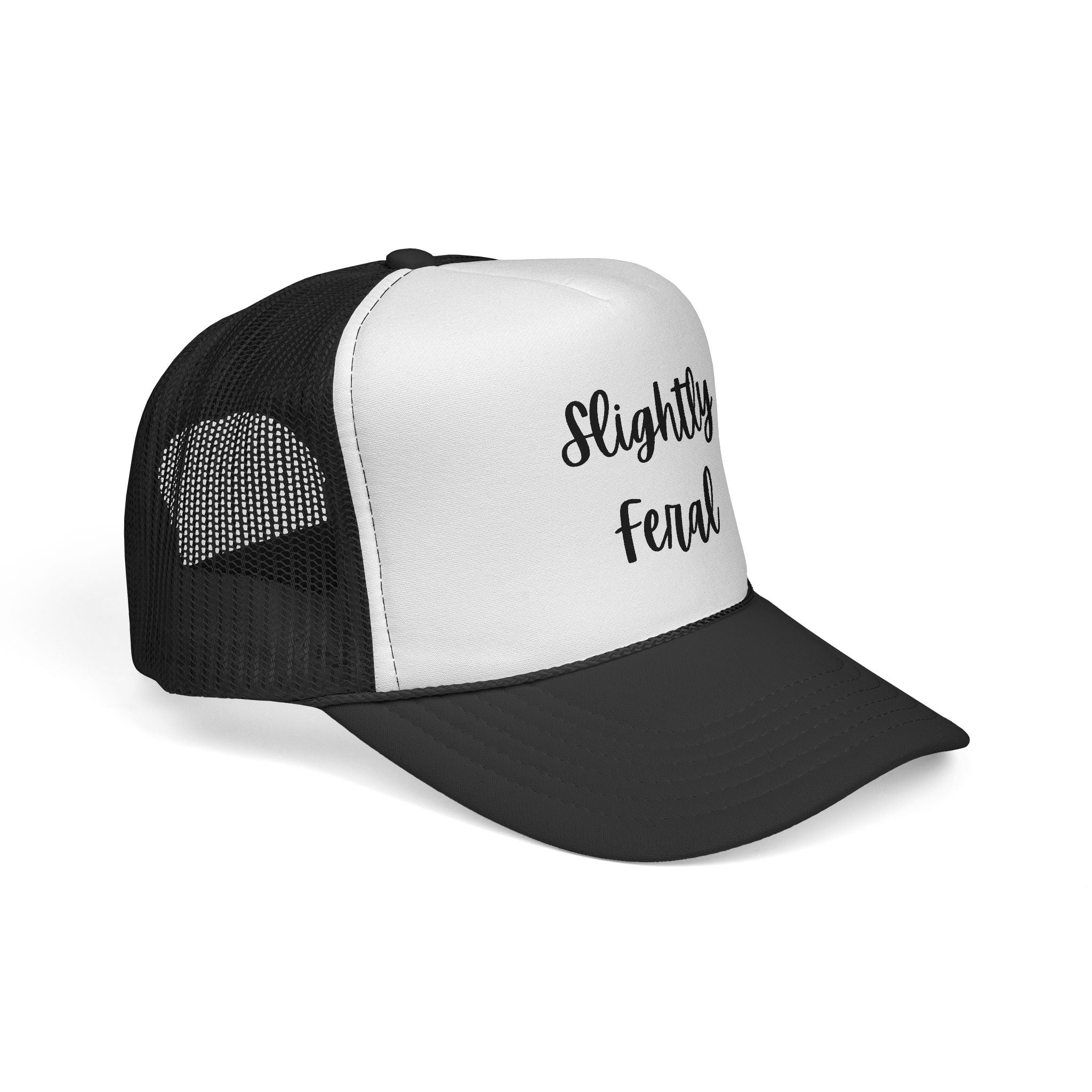 Slightly Feral Trucker Hat – Casual Mesh Cap with Script Text
