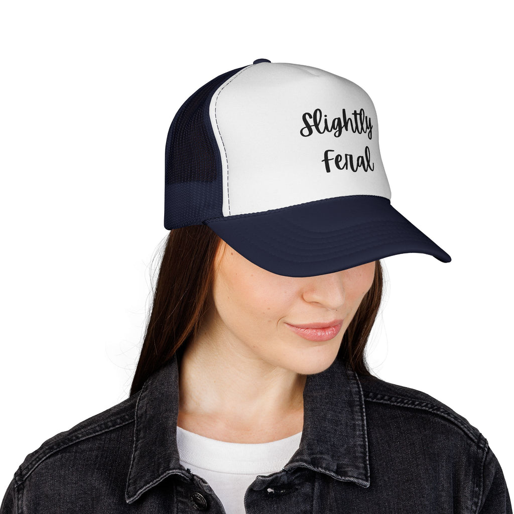 Slightly Feral Trucker Hat – Casual Mesh Cap with Script Text