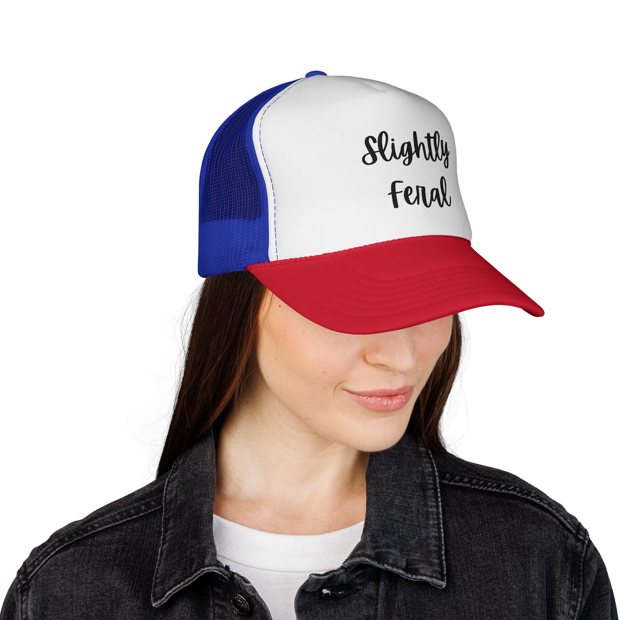 Slightly Feral Trucker Hat – Casual Mesh Cap with Script Text