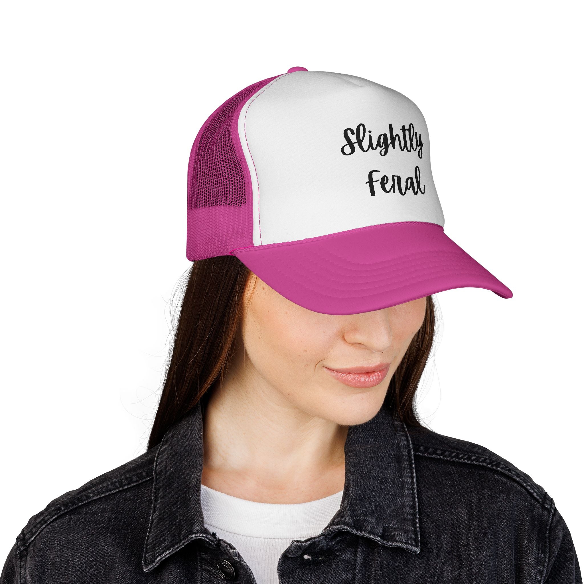 Slightly Feral Trucker Hat – Casual Mesh Cap with Script Text