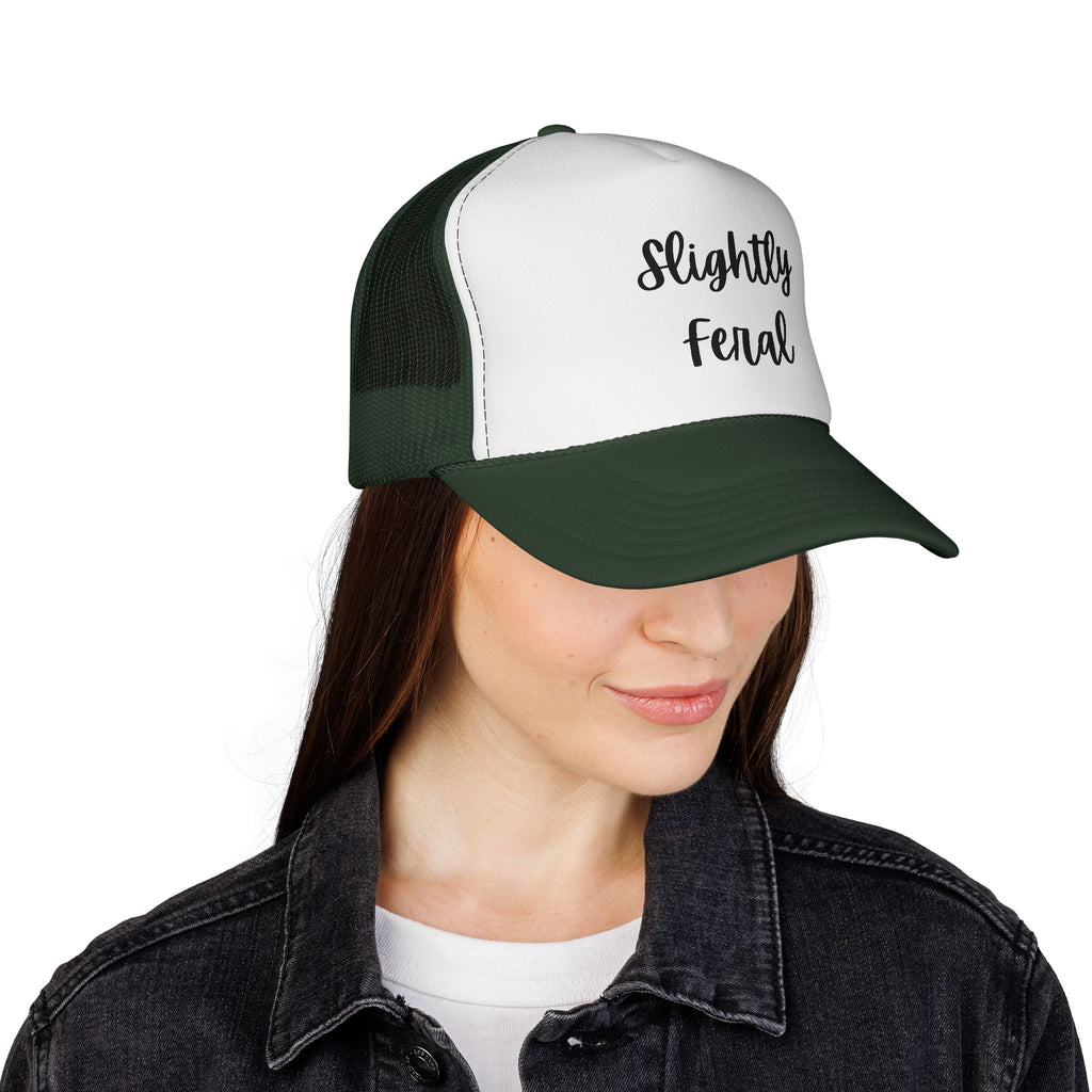 Slightly Feral Trucker Hat – Casual Mesh Cap with Script Text