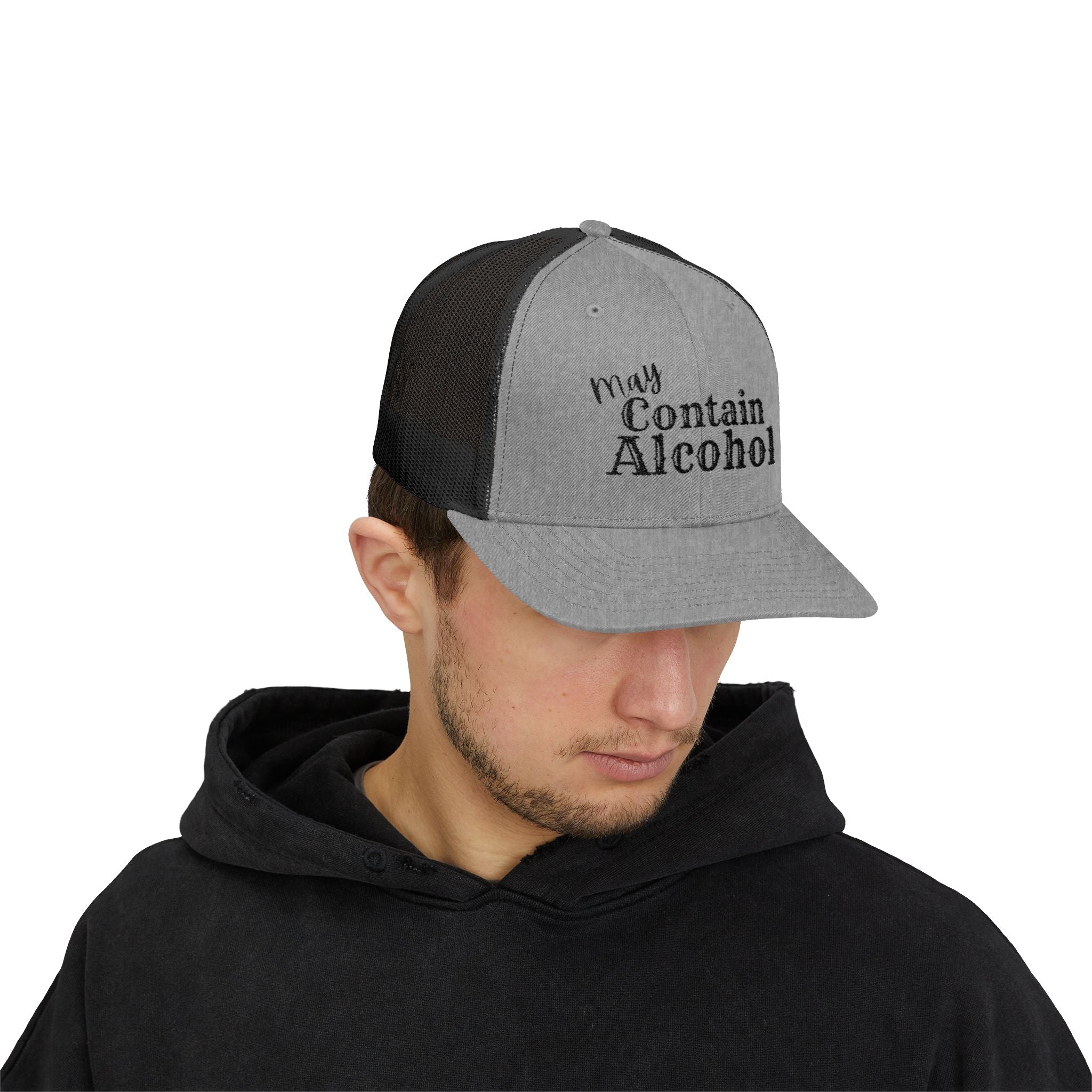 'May Contain Alcohol' Trucker Cap - Funny Snapback Mesh Hat for Parties & Gifts