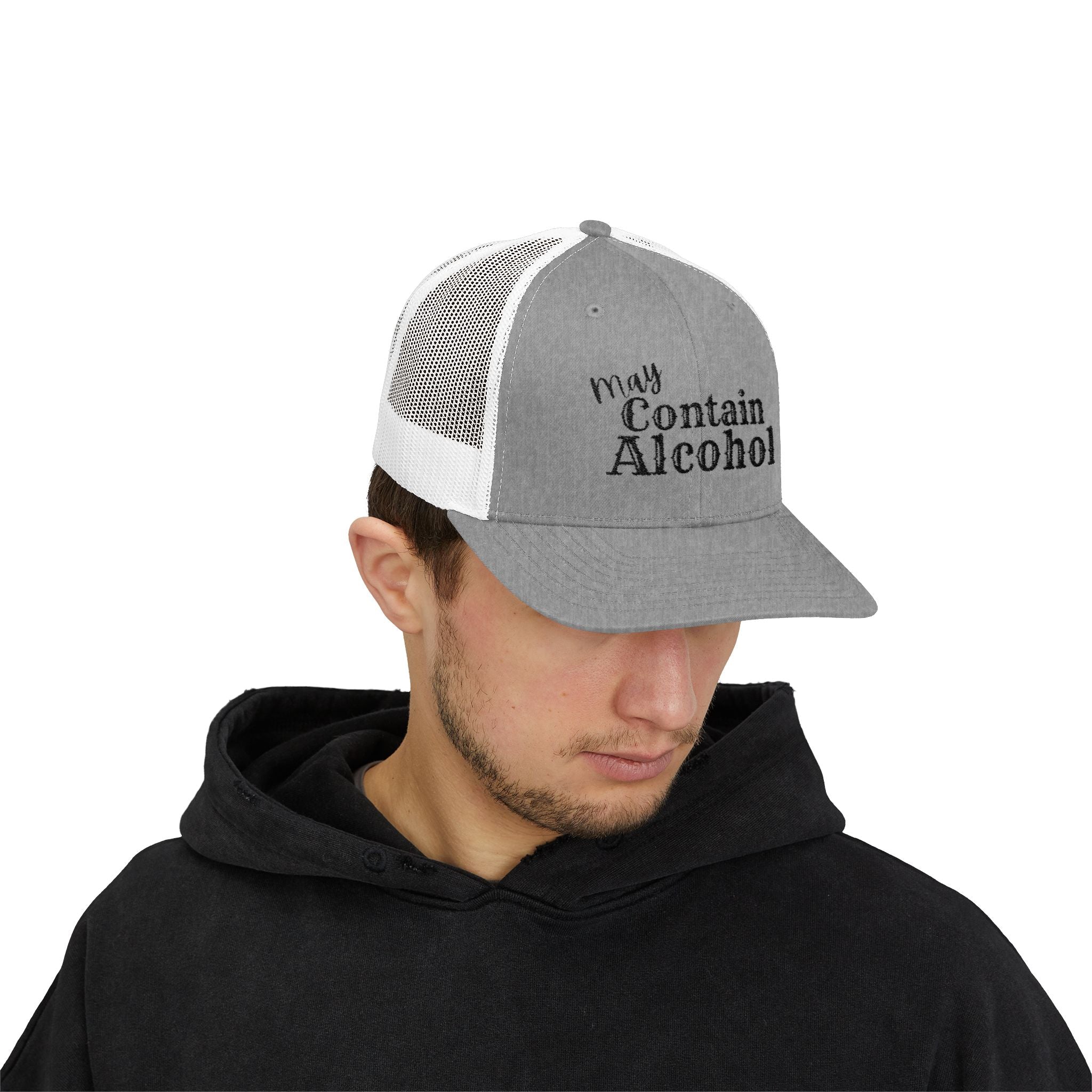 'May Contain Alcohol' Trucker Cap - Funny Snapback Mesh Hat for Parties & Gifts