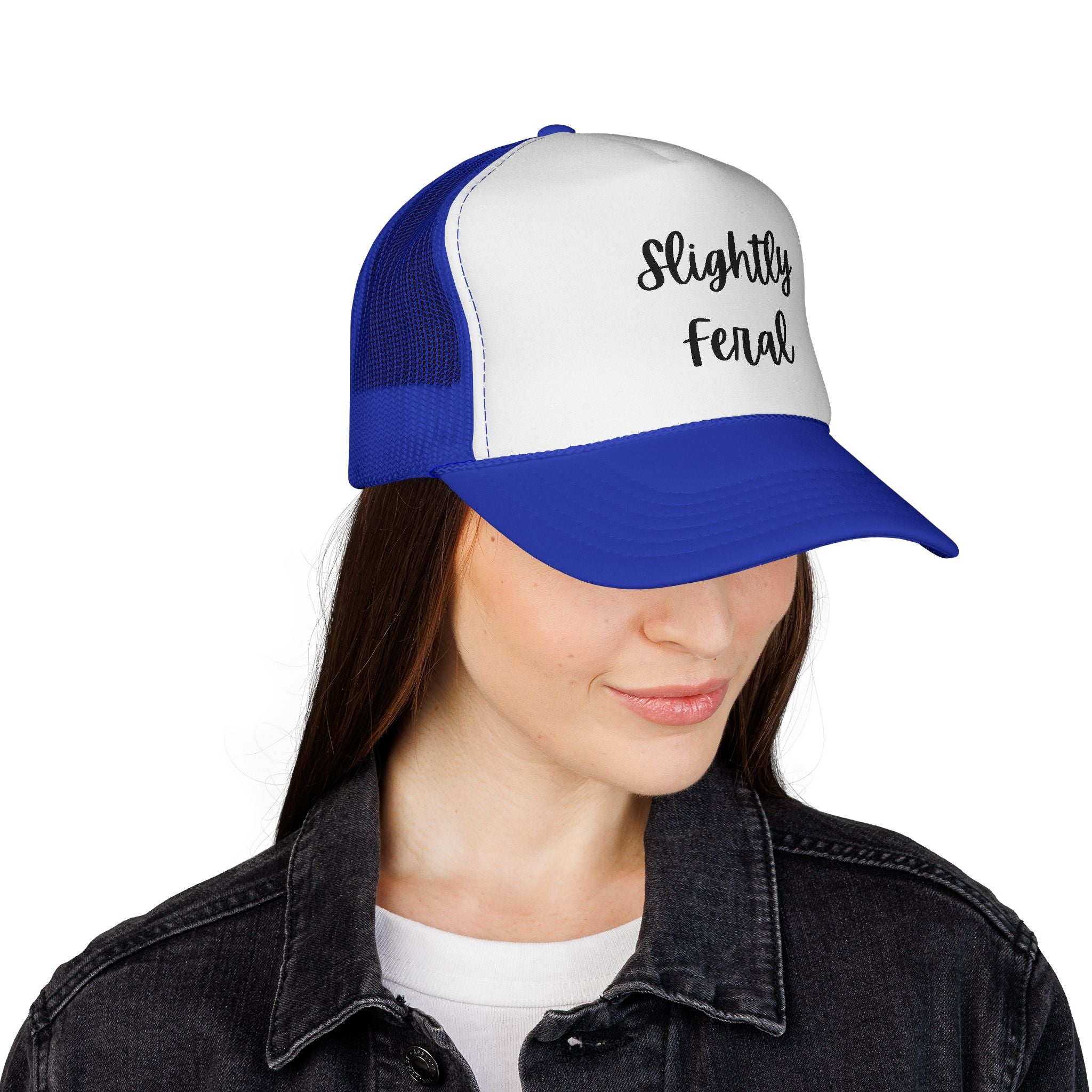 Slightly Feral Trucker Hat – Casual Mesh Cap with Script Text