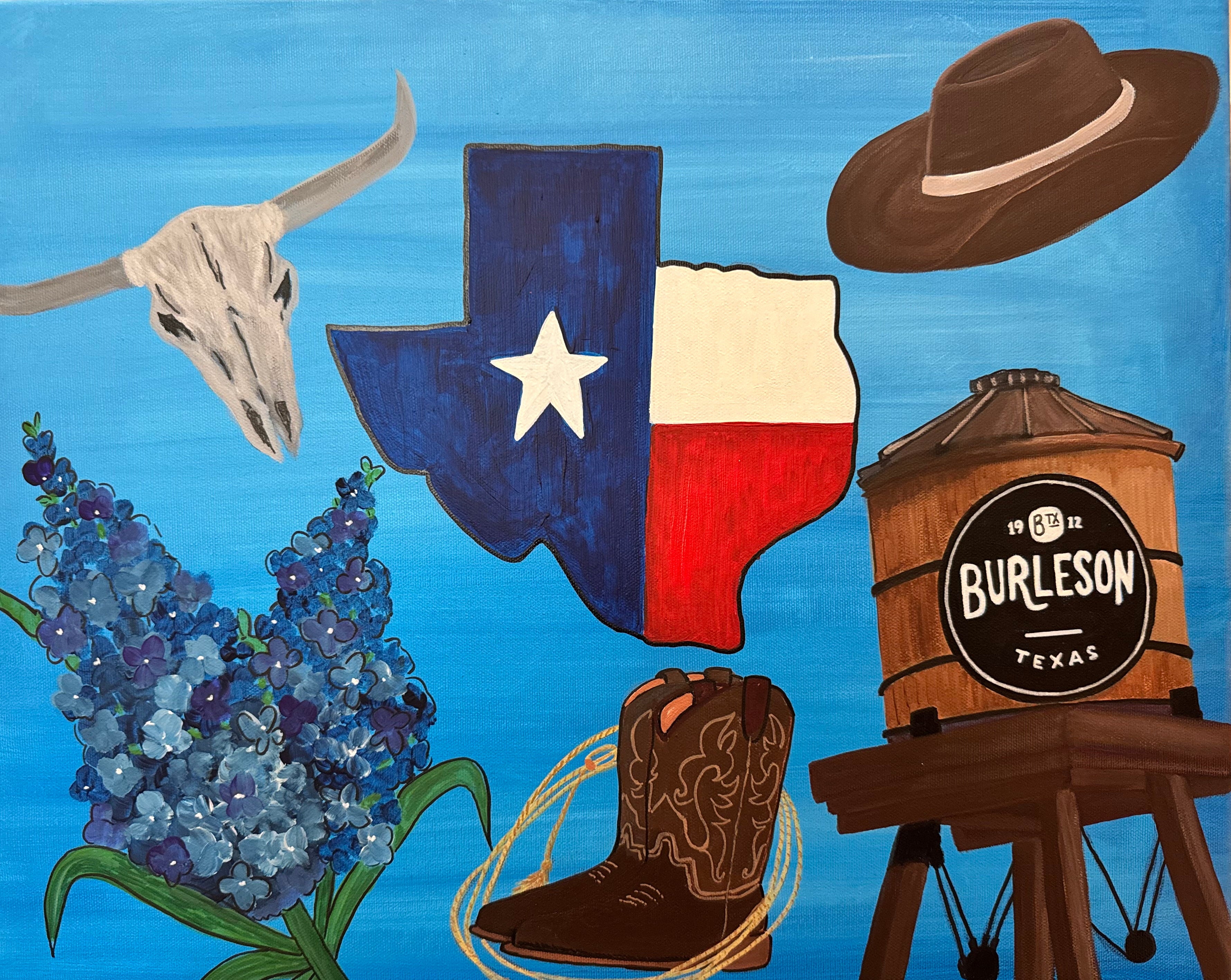 Burleson Texas painting featuring bluebonnets, longhorn skull, cowboy boots, cowboy hat, and Burleson water tower on a blue sky background