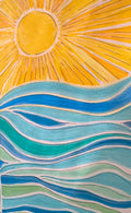 A colorful hand-painted artwork depicting a bright yellow sun with radiating rays above wavy ocean-like lines in shades of blue, teal, and light green on a white background.